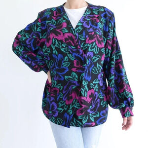 Vintage Lady Dame Plus Black with Floral Design Long Sleeve Button Up Blouse XL